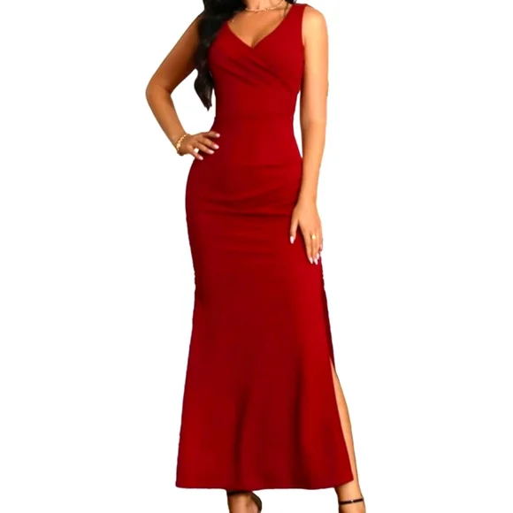 Women's V Neck Split Sleeveless Formal Dress Ruched Bodycon Elegant Dress Red | Color: Red | Size: L